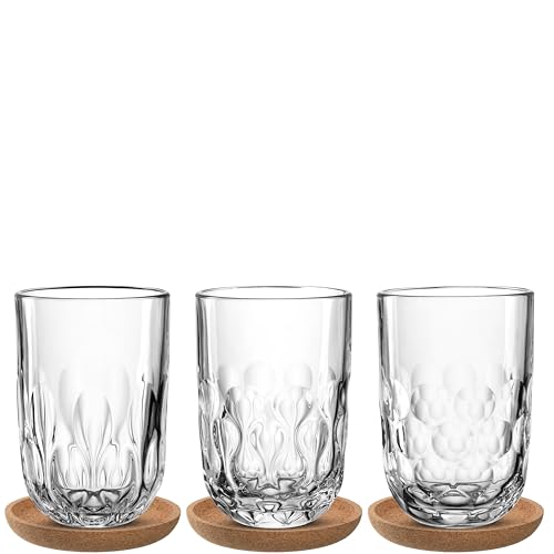 LEONARDO HOME GOCCE Latte Macchiato Glas • 6tlg. Set • 3 Korkuntersetzer • 3 Latte Macchiato Gläser • LM Becher für Siebträger • Spülmaschinengeeignet • Tropfenstruktur • Matchaglas • 390 ml • 055192