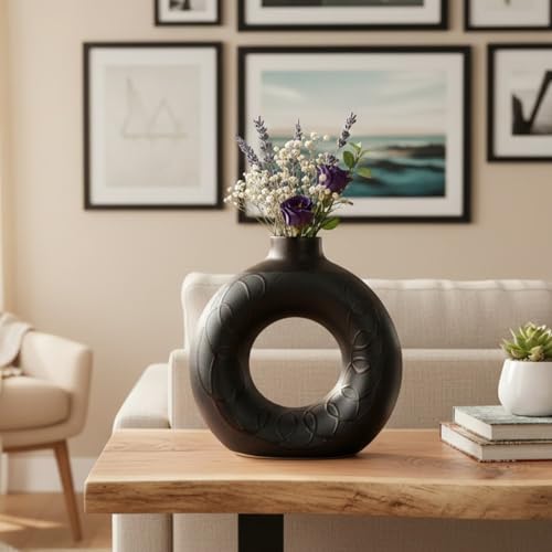Image of BENAVJI Black Ceramic Donut 6 Inch Modern Flower Vase for Pampas Grass, Dried Flowers, Home & Office Decor, Centerpiece, Handcrafted Gift Vase Only