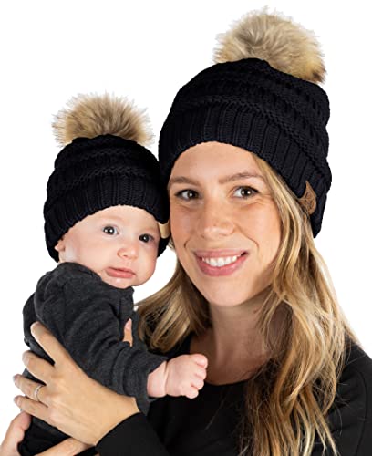 Image of Funky Junque Mommy and Me Beanies Women Kids Toddler Infant Mom and Baby Matching Christmas Outfits Winter Pom Pom Hats