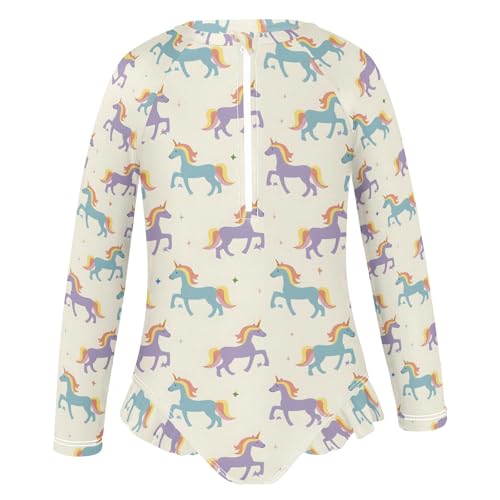 Simple Unicorns Prints Girls One Piece Rash Guard Swimsuit, Girls Long Sleeve Swimwear for 3-12Y2