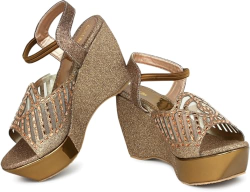 Image of Action Women's Glitter Platform Sandals| Block Heel|Cross-Strap Design with Ankle Strap| Bronze