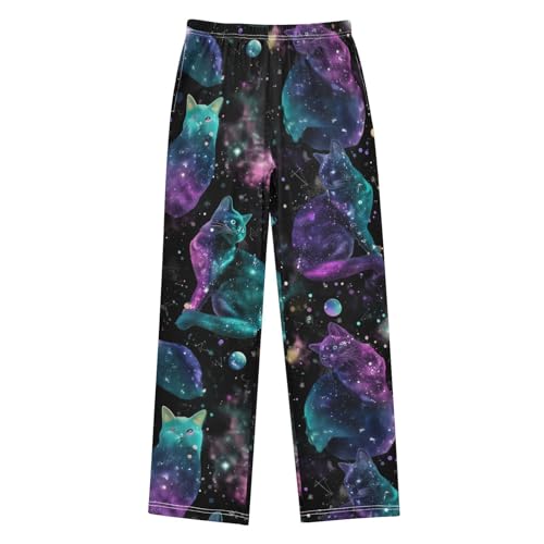 Cat Galaxy Space Boys Long Pants Soft Trousers Elastic Waist Kids Lounge Bottoms with Pockets S-XL