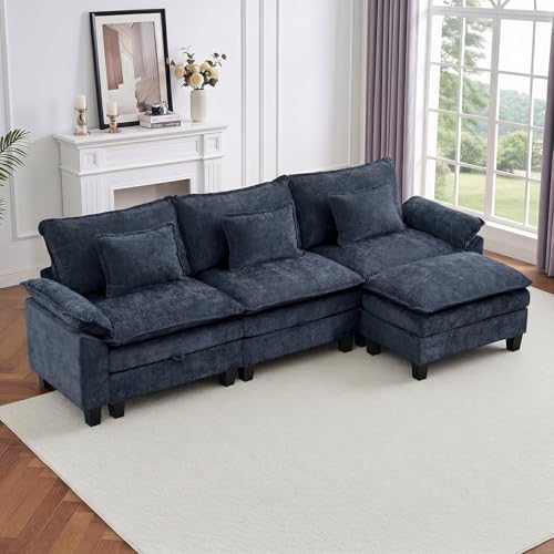 Image of IPKIG 117 inch Modular Cloud Couch with Storage, L Shaped Sectional Sofa with Ottoman & Pillow, Chenille Deep Seat Sectional Couches for Living Room, Apartment, Blue