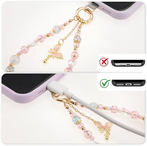 BESARME 2 Pcs Phone Charm Wristlet with Crystal Beads and Butterfly Pendant, Includes Tether Tab for Easy Attachment, Metal Chain Ideal for Bags, Purses, Cell Phones, Outdoor Activities（Light Color） — view 4