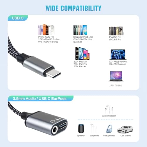 USB-C to 3.5mm Headphone Adapter, Supports 60W PD Fast Charging, 3-in-1 Type-C to AUX, Type-C Audio Interface and USB-C Charging, Hi-Fi DAC Sound Quality, Compatible with iPhone 15 and Samsung S24. by caojunzhen - Used condition - Image 5