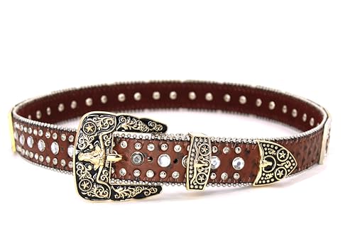 Genuine Leather Belt for Women & Cowboy Big Rhinestone With Engraved Buckle Country Style Gold 50513