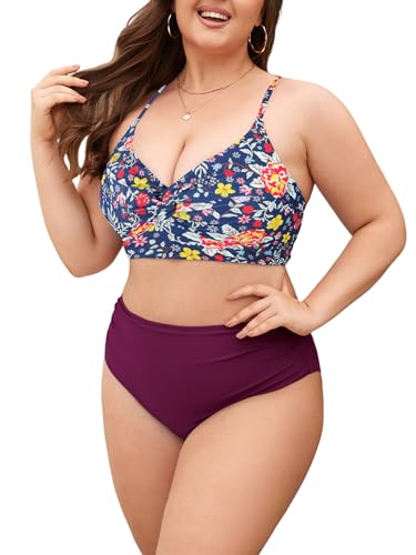 ZAFUL Womens Plus Size Bikini Twist High Waisted Bikini Sets Push Up Bikini Swimsuits Tummy Control 2 Piece Bathing Suit Floral Wine 4XL