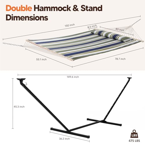 Image of SUNCREAT Double Hammock with 12 ft Stand, Solar Powered Lights, Outdoor Standing 2 Person Hammock, Dark Green