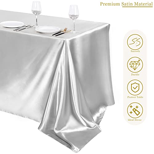 Turstin 4 Packs Satin Tablecloth 102 X 58 Inch Overlay Satin Table Cover Rectangle Bright Silk Tablecloth Smooth Fabric Table Decoration For Wedding Banquet Party Events, Silver #TOP3