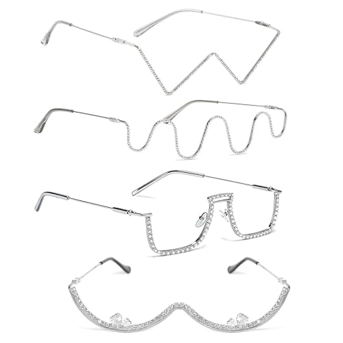 Jciopui 4Pcs Frameless Glasses Fashion Half Frame Sparkling Crystal Sunglasses UV Protection V-shaped Rhinestone Glasses for Women
