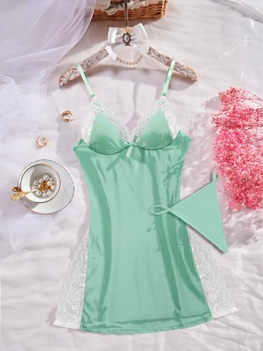 Image of Foxiny Sexy Split Side Floral Lace Trim Full Slip Night Gown Babydoll Lingerie Dress with Thong 2 piece