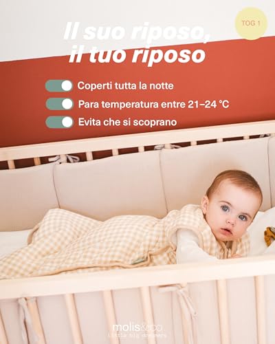 Molis&Co - Sacco Nanna 1 Tog - Sacco Nanna Imbottito Per L’Autunno E Primavera. Neonati Da 0-6 Mesi (70 Cm) - Mussola Di Bambu Premium - Senza Maniche - Vichy Sand - 5