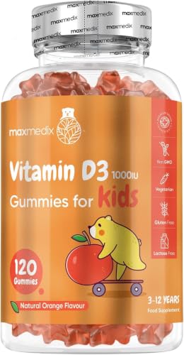 maxmedix Vitamin D for Kids 1000IU | 120 Tasty Gummies | 4 Months Supply | Natural Orange Flavour | 1 per Day | Vegetarian-Friendly Non-GMO & Gluten-Free | Kids Vitamin D Gummies for 3-12 Years