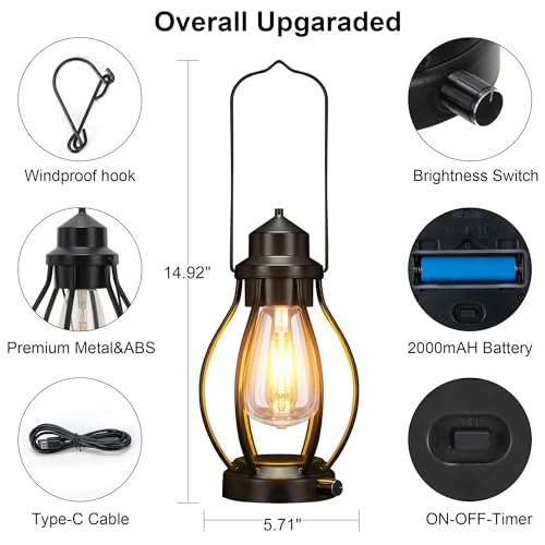 Image of Battery-Powered LED Lanterns Vintage Lights for Camping, 2 Pack Rechargeable Lantern with Dimmerble Warm White Edison Bulb, Waterproof Hanging Light Table Lamp for Outdoor & Indoor Decorative