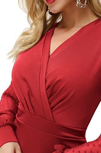 Women Elegant Mesh Contrast Sleeve Stretchy Cross Wrap Bodycon Pencil Dress For Interview L Red #TOP3