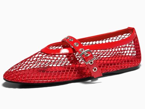 Coutgo Womens Mesh Ballet Flats Mary Jane Fishnet Ballerina Buckle Strap Comfortable Causal Dress Shoes3