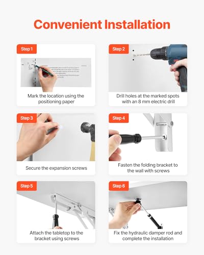 Image of VEVOR Wall Mounted Folding Table, 47.2 x 19.7 inches Wall Mount Table, Floating Desk with Iron Bracket, Fold Down Desk for Small Spaces, Home Office, Dining, Laundry Room, Kitchen, Bar, White