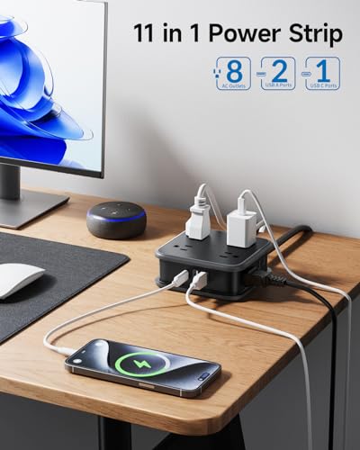 NTONPOWER Regleta 2 Prong, Adaptador de 2 a 3 Prong, Cable de Extensión 5 ft, 1875W/15A, Enchufe Giratorio 180°, 8 Tomas, 3 USB (1 USB C), Montaje en Pared para Casa Antigua, Dormitorio, Oficina Negro miniatura 4