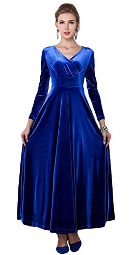 Urban CoCo Women Long Sleeve V-Neck Velvet Stretchy Long Dress (Large, Royal Blue)