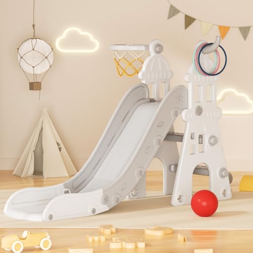 67i Toddler Slide for Kid & Baby with Basketball Hoop & Ring Toss- Outdoor Play Equipment with Extra Long Slide, 3-Step Climber for Ages 1-3 (Grey White)