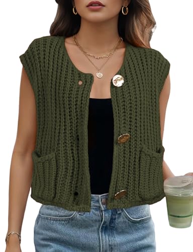 Image of Womens Cropped Sweater Vest Sleeveless Chunky Kint Cardigan Top Casual Warm Button Down Crop Tops with Pockets
