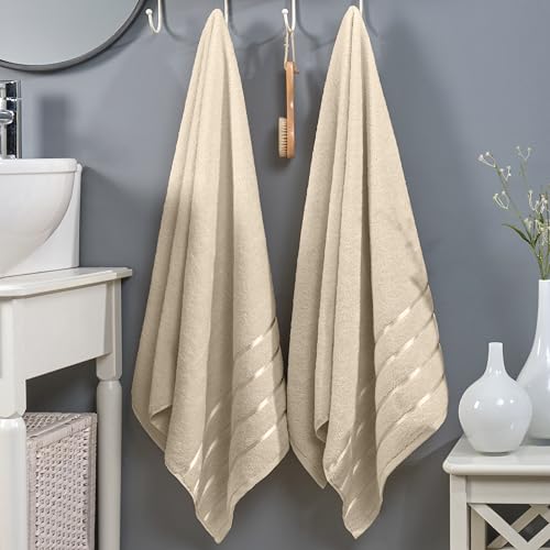 Image of Elegant Comfort 100% Turkish Cotton 4 Lines Viscose Stripe Luxury 2 Pack Bath Towel Set 27 x 54 Inch - Super Soft and Highly Absorbent Premium Hotel Spa Quality Towels for Bathroom Use, Ivory