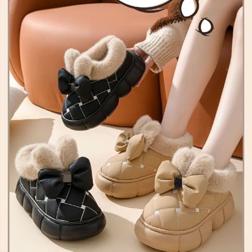 Women's Cute Bowknot Design Plush Lined Slipper, Winter Warm Fleece Lined House Shoes, Non-Slip Thick Sole & Waterproof 7