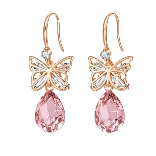 Austrian Crystal Teardrop Butterfly Drop Dangle Earrings for Women 14K Rose Gold Plated Hypoallergenic Jewelry