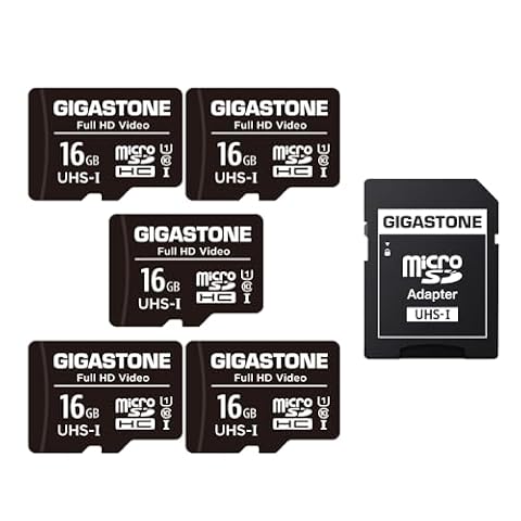 [Gigastone] 16GB 5-Pack Micro SD Card, FHD Video, Surveillance Security Cam Action Camera Drone, 85MB/s Micro SDHC UHS-I U1 Class 10, with Adapters (16GB Full HD Video 5-Pack)