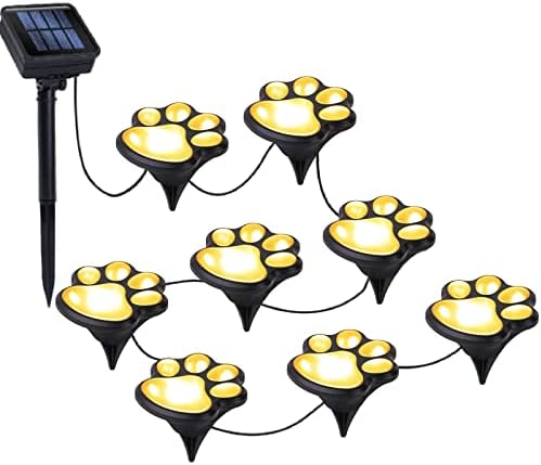 Paw Print Solar Lights – Solar String Lights Outdoor Waterproof LED (Set of 8), Dog Cat Decorative Lamp, Pet Print Path Lights, Vibrant Garden Solar Lights, Gifts for Pet Lovers(Warm White Paw Print)