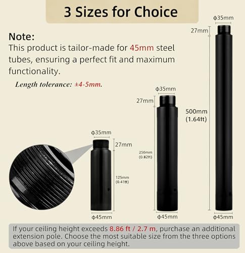 Image of Pole Extension for Pole Dancing 45mm - 125 /250 /500mm Dancing Pole Extension, Easy to Install, Smooth Connection Chrome Extension for Dance Pole (Black, 125 Millimeters)