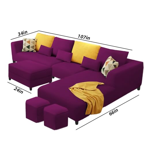 Image of Casaliving Minta RHS 8 Seater L Shape Sofa Set with Ottoman & 2 Puffy for Living Room (Purple - Colour Fabric) Premium Fabric Sofa Set ForLiving Room | Hall