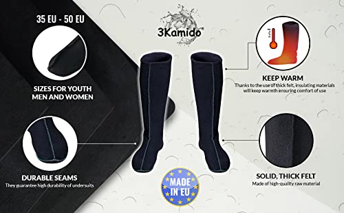 3Kamido Filz Stiefel Socken Innenschuhe Innenstiefel für Regenstiefel LANG Damen Herren Socke ERWÄRMUNGSEINLAGE AUS Filz Thermosocken Schwarz 47/48