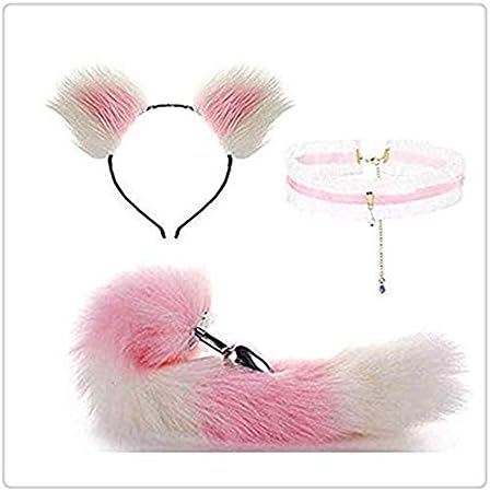 Carinloing Fluffy Fox B-¨¹tt an-?l Pl-¨´g T-?-ys Tail Cat Headband Headwear with Pink Gem Lace Choker Set (White and Pink)