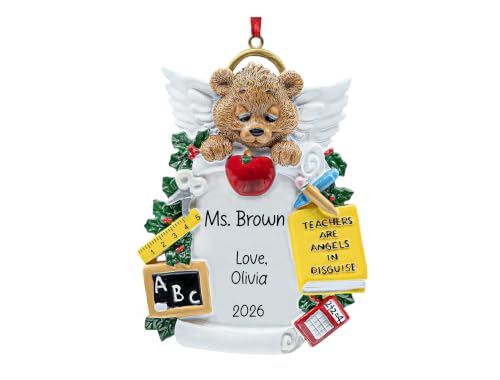 UniqXmas Personalized Teachers are Angels in Disguise Christmas Ornament 2026 - Free Customization | Teddy Bear with Apple for Xmas Tree - Best Great Teacher Appreciation Gift | Custom Unique Keepsake
