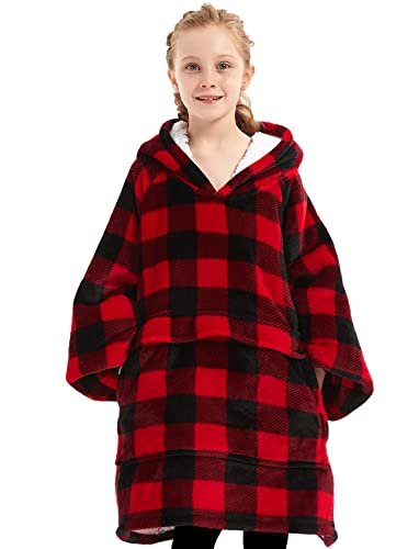 Image of KFUBUO Wearable Blanket Hoodie for Kids With Pocket, 6-10 Year Old, Plaid | Sherpa, Heavy Material, Oversized Sweatshirt Blanket, Kids Blanket, Girl Boy Gifts, Hooded Blanket Kids, Cozy Gifts for Kids