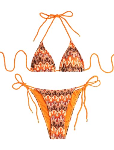 Image of ZAFUL 2 Piece Triangle Bikini for Women Knitted Rope Halter Bikini Sets Sexy Bathing Suit Side Tie Swimsuits Beachwear