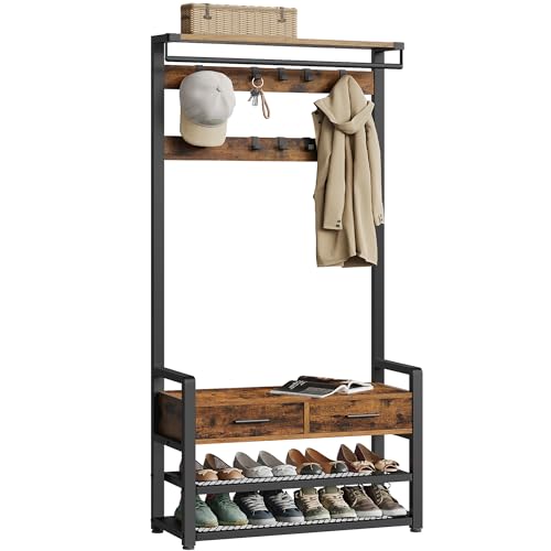 VASAGLE Perchero Recibidor, Mueble de Entrada con 10 Ganchos Extraíbles, 2 Cajones, Banco Zapatero, Diseño Separable, 30 x 80,4 x 181,6 cm, Marrón Rústico y Negro Tinta HSR429B01