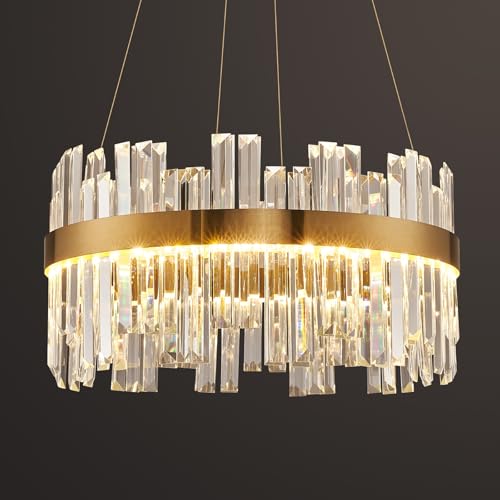 19.7''Gold Modern LED Crystal Chandelier- Contemporary Chandelier Light Fixture,Luxury Adjustable Height Chandeliers,3 Colors Dimmable Pendant Ceiling Light for Dining Room Foyer With Remote