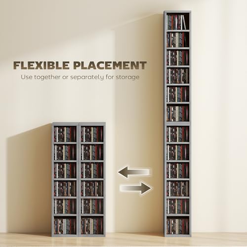 HOMCOM 204 CD Storage Units Set of 2, Blu-Ray Tower Rack with Adjustable Shelves, Bookcase Storage Organiser, Light Grey - Image 4