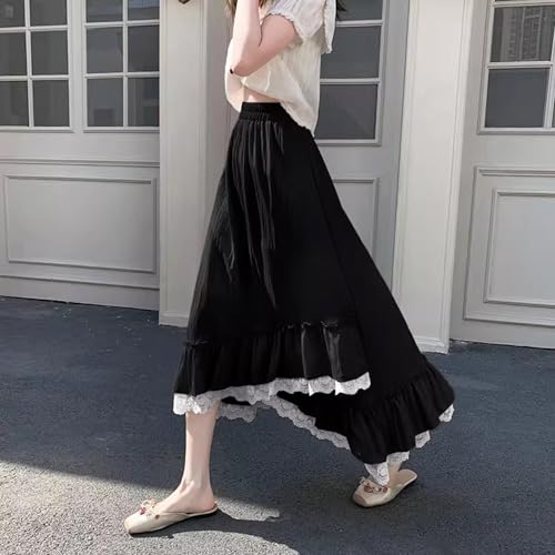 Women's Vintage Midi Skirts Lace Trim High Low Asymmetrical Ruffle High Waisted A-line Flowy Fairy Long Skirts3