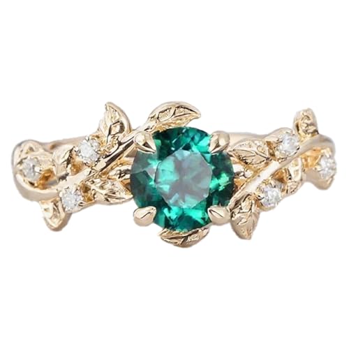 10k 14k 18k Gold Emerald Diamond Engagement Rings for Women May Birthstone Ring Vintage ring Unique Nature Inspired Leaf Ring Green stone Gifts