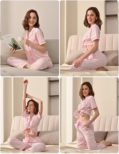 Image of NAP BOUND 100% Cotton Women's Pajama Sets Short Sleeve Button Down Soft Pjs 2 Piece Lounge Set with Pocket Nightwear XS-XXL