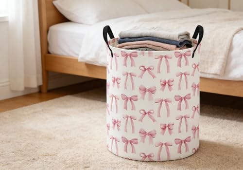 Image of ESSME Kids Laundry Basket,Pink Hamper Collapsible Canvas Waterproof Storage Bin for Girls, Cute Hamper,Gift Baskets(Bowknot)