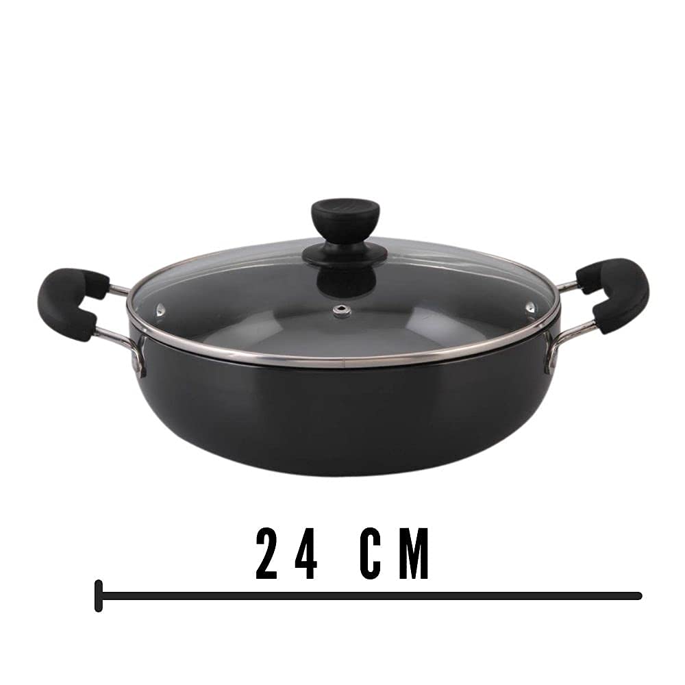 Mumma's LIFE Non-Stick Kadhai with Glass Lid (24 cm, Hammertone Finish, 3 Coat, 3mm Thickness), Aluminium (Black) 3