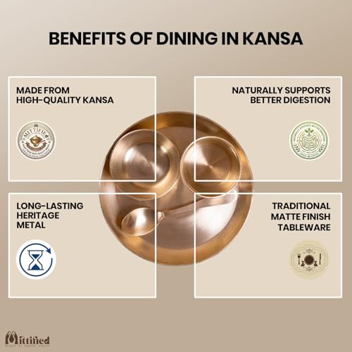 Image of Pure Kansa Dinner Set 4 Pieces | Bronze Thali Set 8 Inch Plate, 1 Bowl, 1 Glass, 1 Spoon | Handcrafted Ayurvedic Kansa Utensils | Matte Finish | Gift for Diwali Wedding Housewarming
