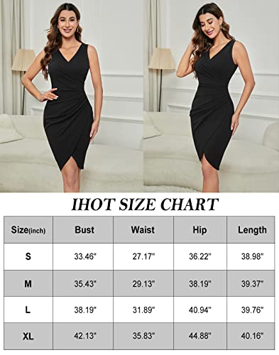IHOT Women\'s Dresses for Wedding Guest Deep V Neck Sleeveless Ruched Sheath Wrap Dress Midi Funeral Work Cocktail Party Dresses for Special Occasions Black Large