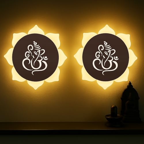 Image of Flower Ganpati LED Wall Light - Rose Gold & Frosted Acrylic | Ideal for Temple, Living Room, Bedroom, Pooja Room, Mandir & Shops - (2 Pack)