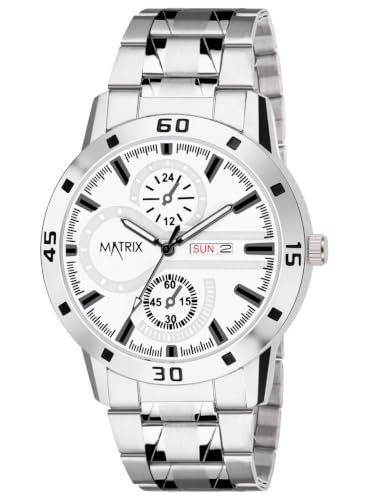 Image of Matrix Superior Analog Watch for Men | Black, Blue, Green & White Dial Stainless Steel Chain Strap Watch | Day & Date Display | Quartz Movement | Stylish Casual & Formal Wrist Watch for Boys & Men