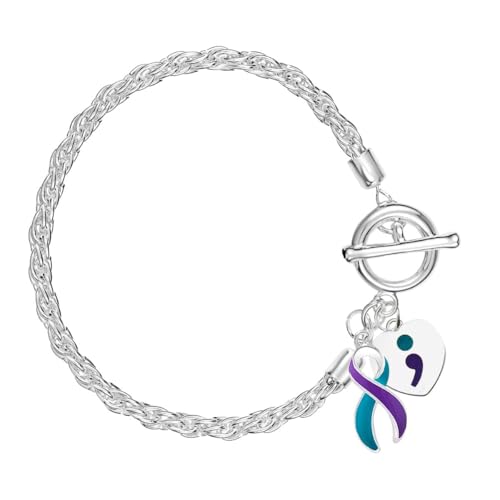 Fundraising For A Cause Suicide Awareness & Prevention Teal & Purple Rope Bracelet - Perfect for Support Groups, Gift-Giving, Events and Fundraising, 8 inch, Sterling Silver , sterling silver